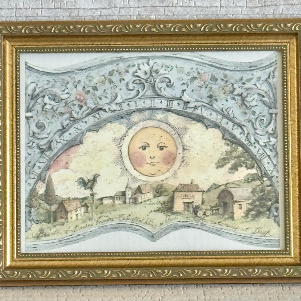 90s Vintage Celestial Moon Print Framed Wall Art/Antique Gold Whimsygoth